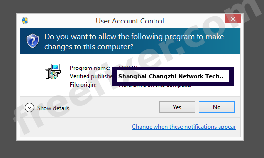 Screenshot where Shanghai Changzhi Network Technology Co., Ltd. appears as the verified publisher in the UAC dialog